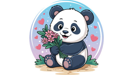 Cute panda bear holding pink flowers and smiling sweetly on pastel background
