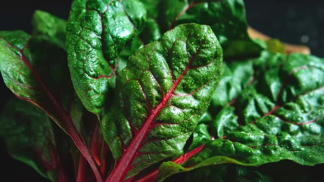 Fresh Swiss chard leaves with vibrant green color and red, Bright green Swiss chard leaves complemented by vibrant red stems