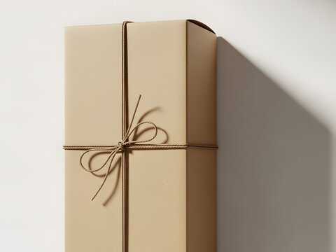 Tall rectangular gift package tied with string