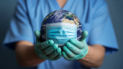 A medical professional in blue scrubs and gloves holds the world wearing a protective mask