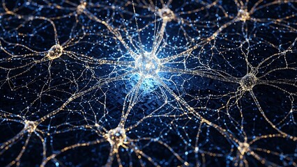 A glowing central neuron connects to numerous surrounding nerve cells, representing an intricate neural network or brain activity.