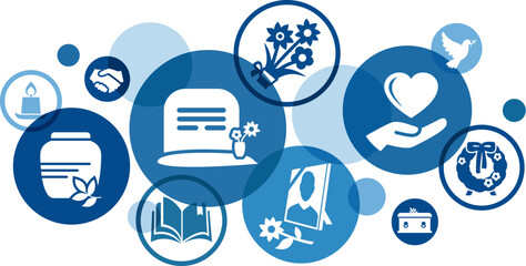 Funeral services vector illustration. Blue concept with icons related to cemetery / burial / memorial - examples of funeral home services - bereavement, funeral arrangements, remembrance service.