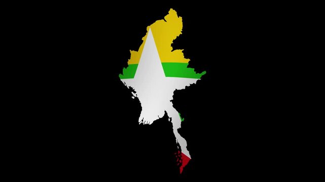 Looping animation of the Myanmar flag as a map with a transparent background in 4K format