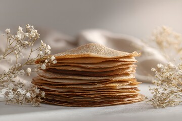 Stack of thin, crispy pancakes arranged elegantly on a soft surface, surrounded by delicate white flowers, celebrating the essence of a spring festival