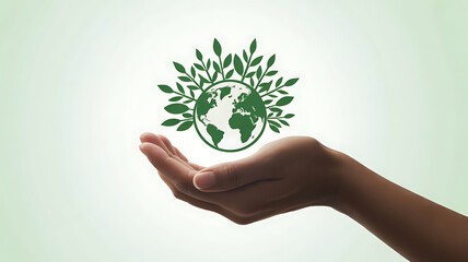 A persons hand gently cradles a symbolic Earth globe surrounded by green leaves
