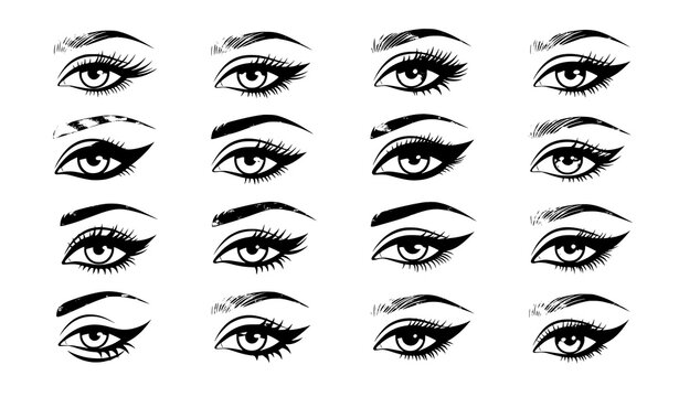Colorful female eyes with makeup hand drawn vector set