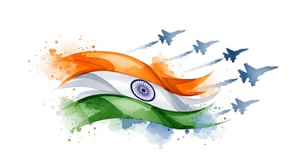 Republic Day Watercolor Illustration with Indian Flag and Jet Silhouettes