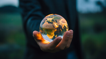 Fototapeta premium A persons hand offers a luminous glass world globe showing continents at night