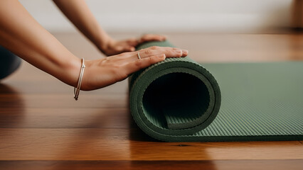 Mindful ritual: a woman's hand gently rolls out a forest green recycled rubber yoga mat on a dark wooden floor. Ideal for wellness apps, studio ads, eco-friendly brands, New Year's resolutions,