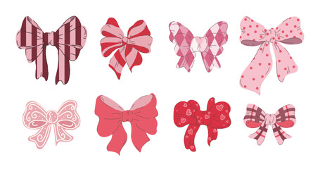 Cute pink ribbon bows vector set in hand-drawn style. Romantic decorative elements for Valentine&rsquo;s Day, weddings, gift wrapping, branding, stationery, invitations and digital design