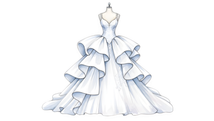 Elegant white wedding dress with ruffles on a mannequin