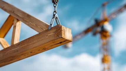 Fototapeta premium Close-up of wooden beam being lifted by crane hook at construction site with blue sky background