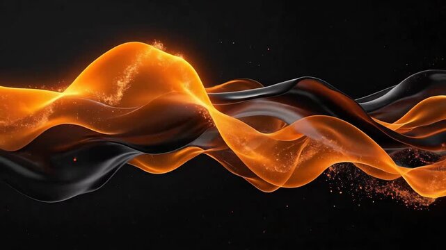Abstract flowing shapes with orange and black color scheme against a dark background.