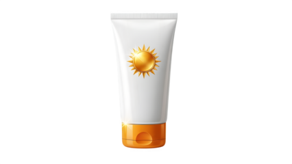 Sunscreen tube with sun logo on black background for summer protection