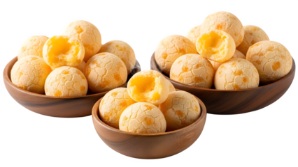 Delicious cheese bread balls in wooden bowls on black background