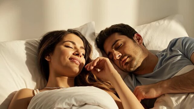 Couple sleeping peacefully in bed together at night