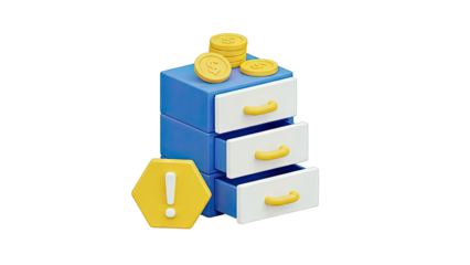 3D Illustration of a Filing Cabinet with Coins and Exclamation Mark