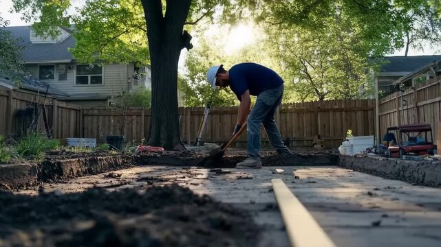 Construction worker leveling concrete surface in backyard, A construction worker meticulously leveling a concrete surface in a backyard, demonstrating attention to detail