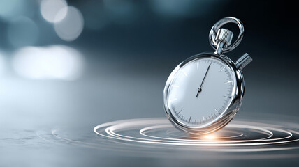 A stopwatch on a reflective surface with light beams around it, symbolizing precision and timing in or videography projects