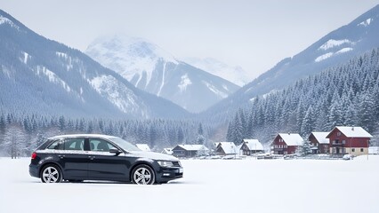 A Sleek Modern Station Wagon Parked in a Vast Snowy Field Before a Picturesque Alpine Village and Towering Snow-Capped Mountains Under a Soft Winter Sky, Perfect for a Cold Weather Seasonal Adventur