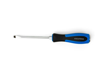 Blue impact flat screwdriver isolated on white background.