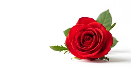 Fototapeta premium A single red rose with green leaves on a white background