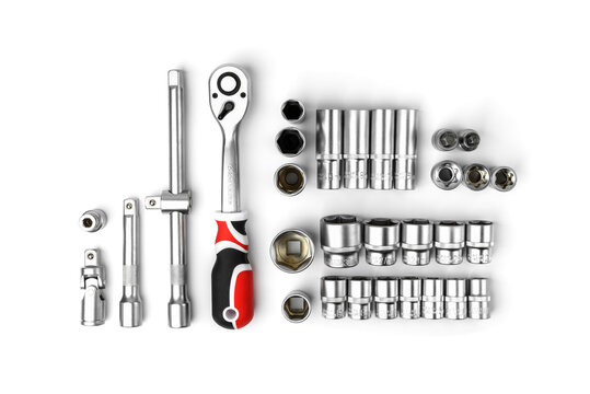 Reversible ratchet wrench with socket locksmiths heads isolated on white background.