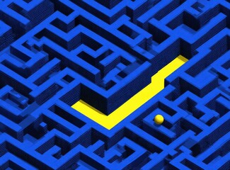 A bright yellow checkmark path through a dark blue maze