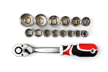 Reversible ratchet wrench with socket locksmiths heads isolated on white background.