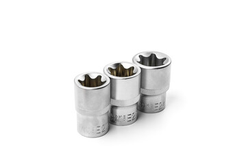 Set of interchangeable heads for ratchet wrench isolated on white background.