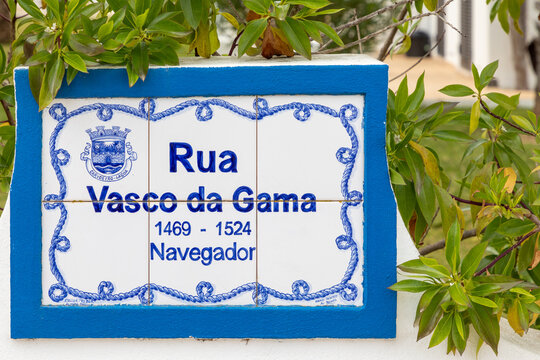 street name Vasco da Gama in Portugal on ceramic tiles