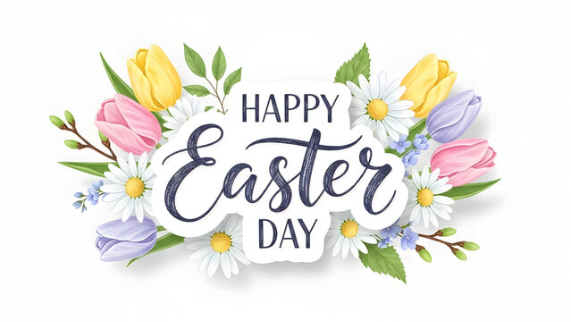 Happy easter day floral greeting card with colorful tulips and leaves - Powered by Adobe