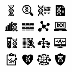 Genetic icons set: dna strands, molecules, laptops, and data analysis symbols