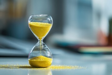 Hourglass with yellow sand, blurred background