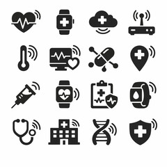 Healthcare technology icons set: medical devices, health monitoring, dna, telemedicine