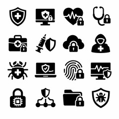 Healthcare cybersecurity icons: protection, security, and privacy symbols