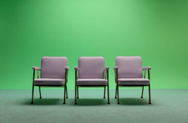 Three light purple chairs against a bright green backdrop