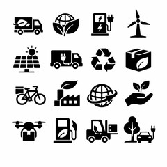 Eco-friendly icons set featuring renewable energy and sustainable transportation