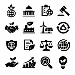 Environmental sustainability icons: energy, recycling, and legal symbols