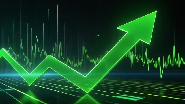 Close-up of Green Digital Graph with Upward Arrow and Fluctuating Data Lines abstract background