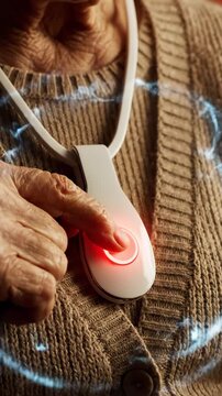 Elderly person pressing medical alert button with glowing red light and elderly emergency pendant worn chest with comforting knit sweater wearable