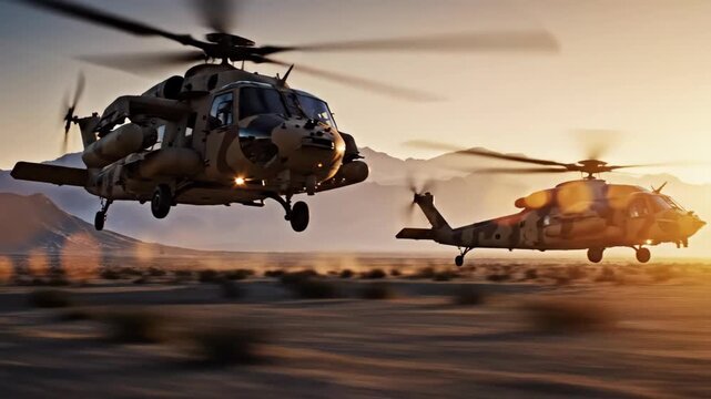Two military helicopters flying low altitude tactical patrol over a vast, rugged desert landscape at dramatic sunset