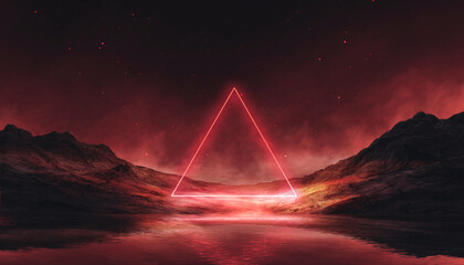 Futuristic night landscape, red neon, geometric shape in the center. Neon light reflected in water. 3D illustration.