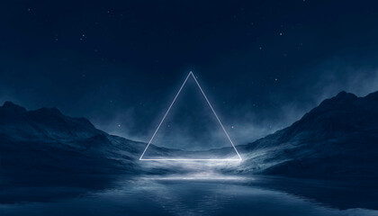 Futuristic night landscape, blue neon, geometric shape in the center, cold planet. Neon light reflected in water. 3D illustration.