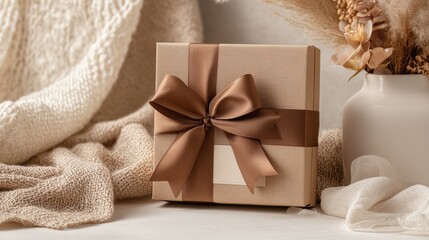 Elegant Gift Box with Brown Ribbon and Soft Textile Background