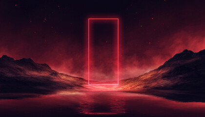 Futuristic night landscape, red neon, geometric shape in the center. Neon light reflected in water. 3D illustration.