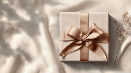 Elegant gift box with satin ribbon on a soft fabric background