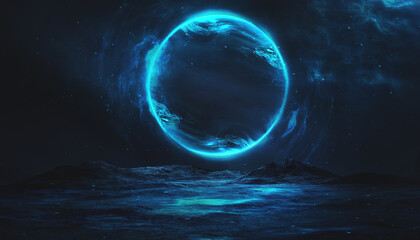 Futuristic night landscape, blue neon, geometric shape in the center, cold planet. Neon light reflected in water. 3D illustration.