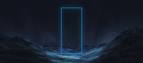 Futuristic night landscape, blue neon, geometric shape in the center, cold planet. Neon light reflected in water. 3D illustration.