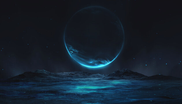 Futuristic night landscape, blue neon, geometric shape in the center, cold planet. Neon light reflected in water. 3D illustration.